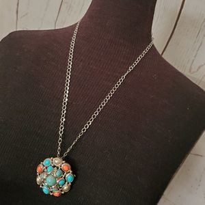 Premier Designs silvertone Southwest style pendant, brooch faux turquoise